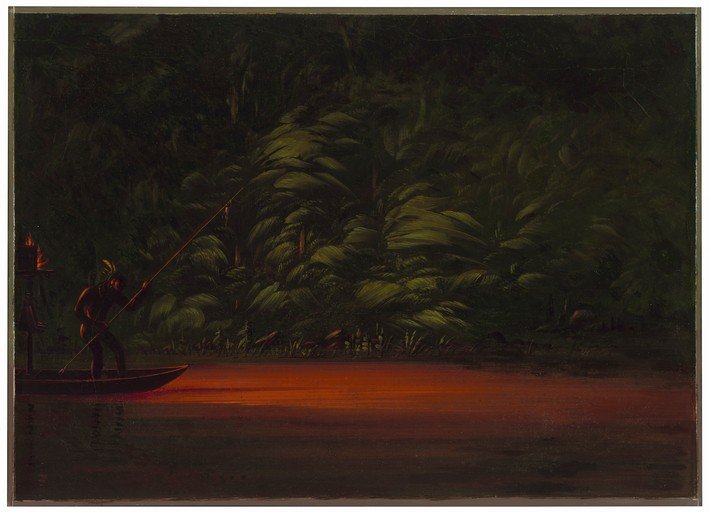 Indigenous Hunter Navigates Amazonian River at Dusk