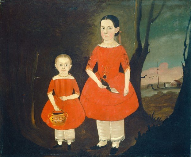 Two Young Girls in Red Dresses in a Landscape
