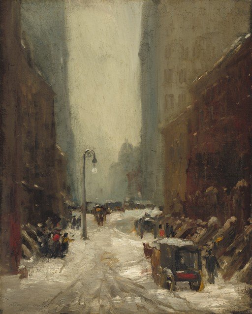 Snowy City Street Scene with Horse-Drawn Carriages