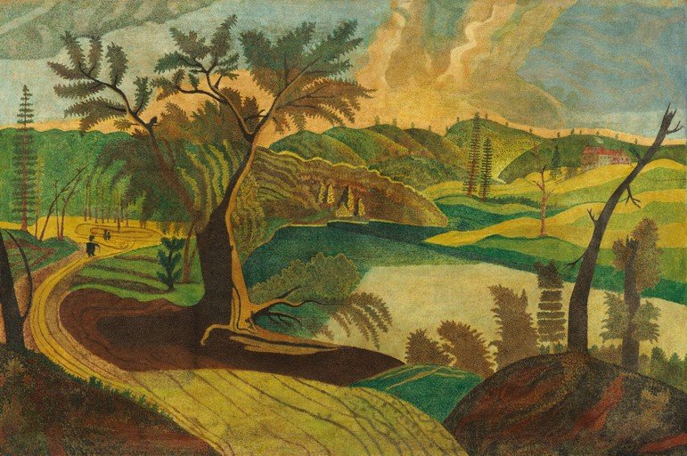 Stylized Landscape with Winding Path and Distant House
