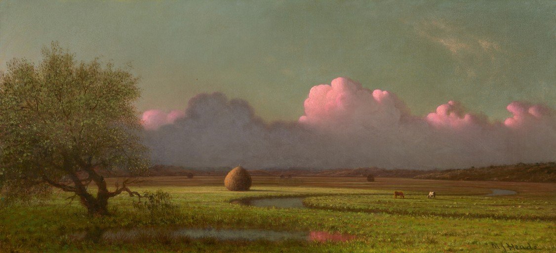 Pastoral Landscape with Haystack and Cattle at Dusk