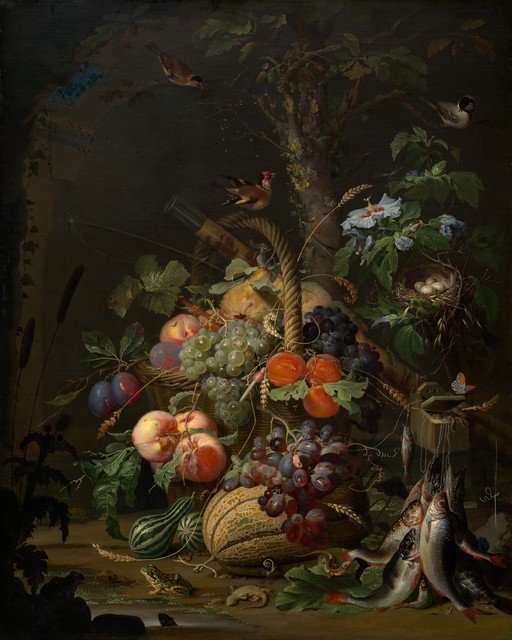 Abundant Still Life with Fruit, Birds, and Fish