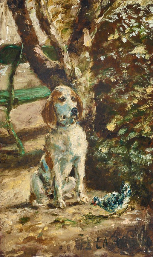 Dog and Chicken in a Garden