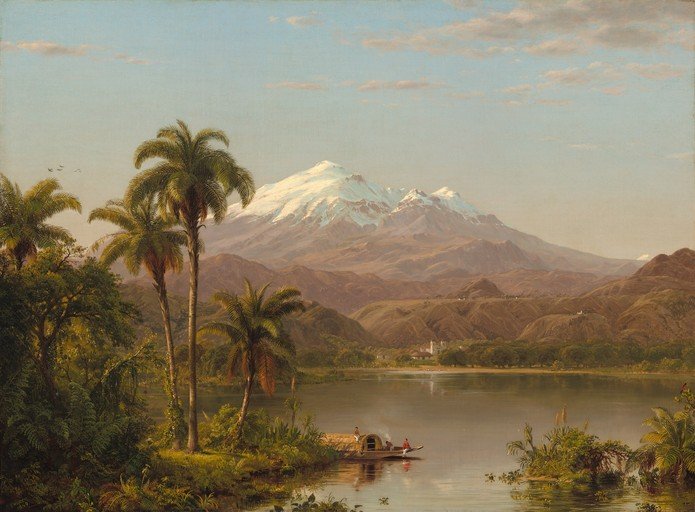 Tropical Landscape with Snow-Capped Mountains and Boat