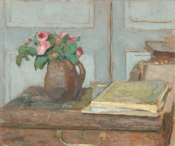 Still Life with Pink Roses and Books