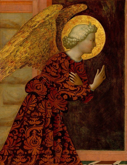 Angel in Red Brocade Robe with Golden Halo and Wings