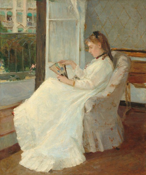Woman in White Dress Reading with Fan