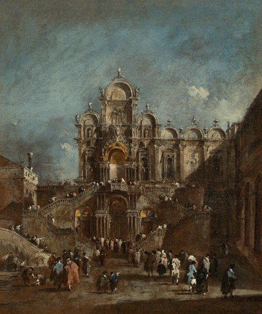 Venetian Church Facade with Crowds
