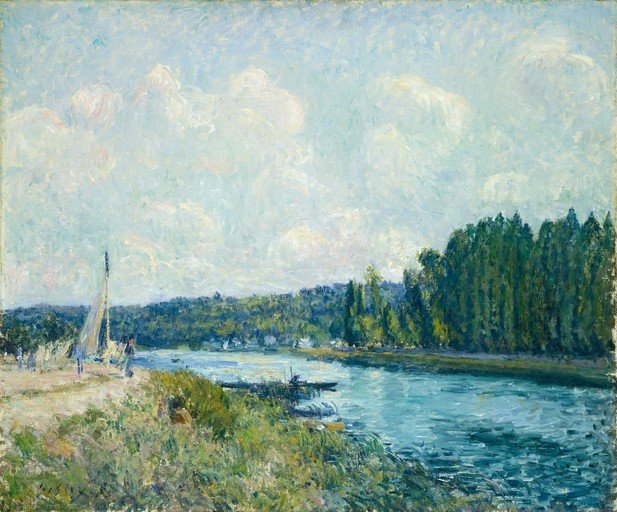 Impressionist River Scene with Sailboat and Trees