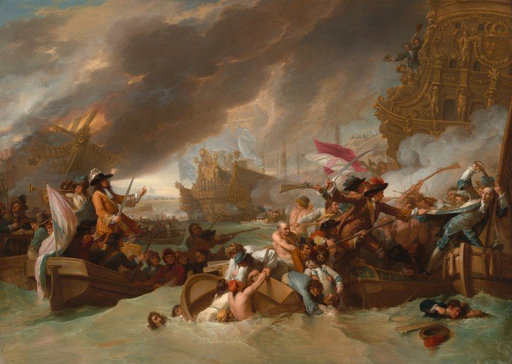 Naval Battle Scene with Burning Ships and Figures in Boats