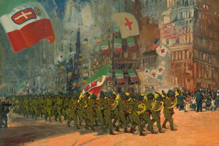Italian Military Parade with Flags and Red Cross Symbols