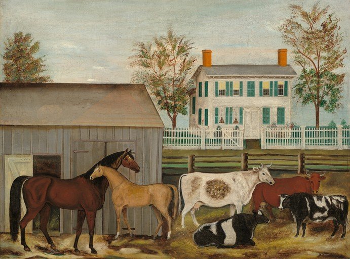 Farm Scene with Horses and Cattle