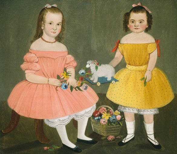 Two Young Girls with Flowers and Toy Sheep