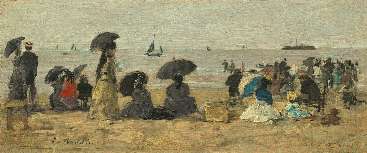 Impressionist Beach Scene with Figures and Umbrellas
