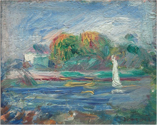 Impressionist Sailboat on Water with Lush Trees