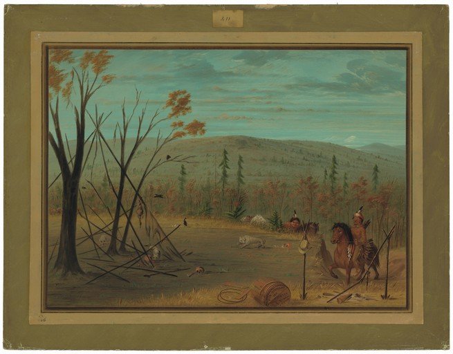 Native American Camp Scene with Figures and Landscape
