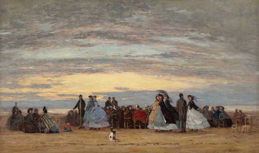 Victorian Beach Scene with Elegant Figures and Dog