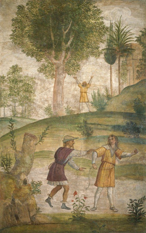 Renaissance Fresco Depicting Figures in a Pastoral Landscape