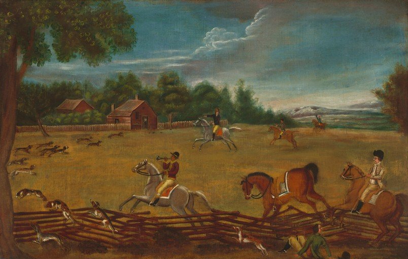 19th Century Fox Hunt Scene with Riders and Hounds
