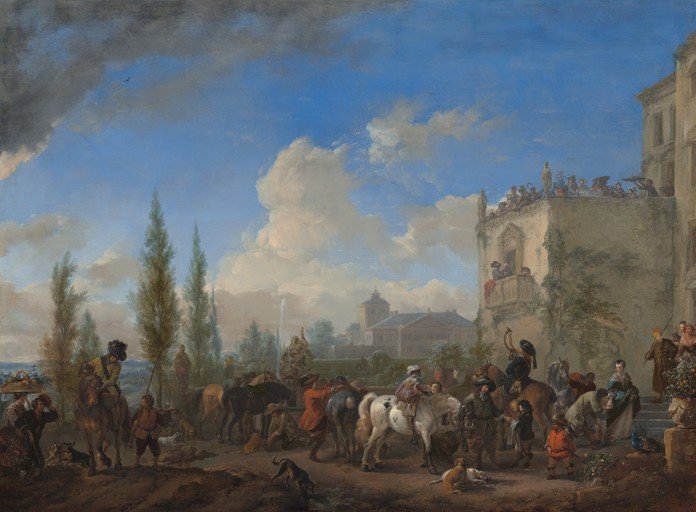 Baroque Scene with Figures and Horses at a Palace