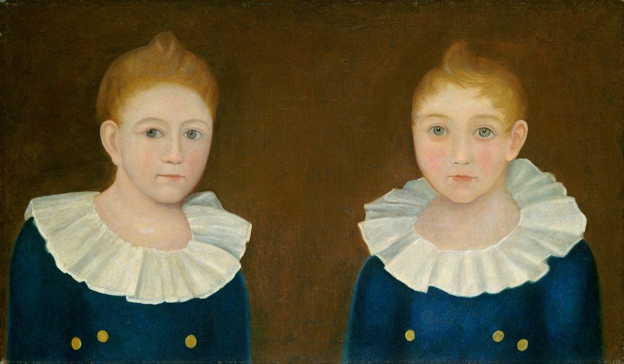 Portrait of Two Boys in Blue Coats and Ruffs