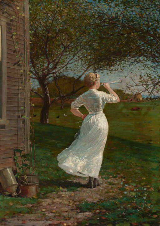 Girl Blowing a Horn in a Rural Landscape