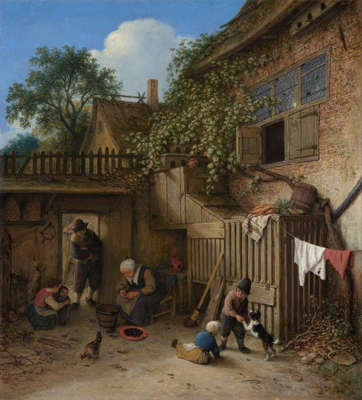 17th Century Dutch Courtyard Scene with Family and Dog