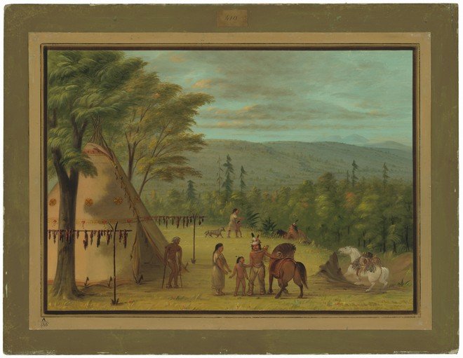 Native American Encampment with Figures and Horses