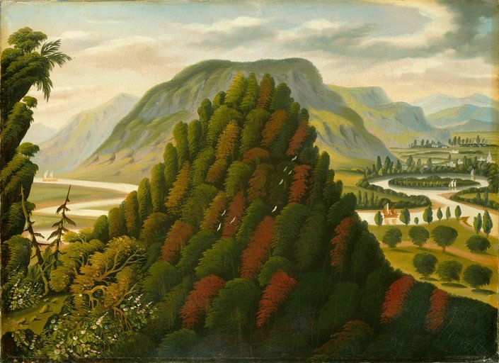 Foliage-Covered Mountain Landscape with River and Village