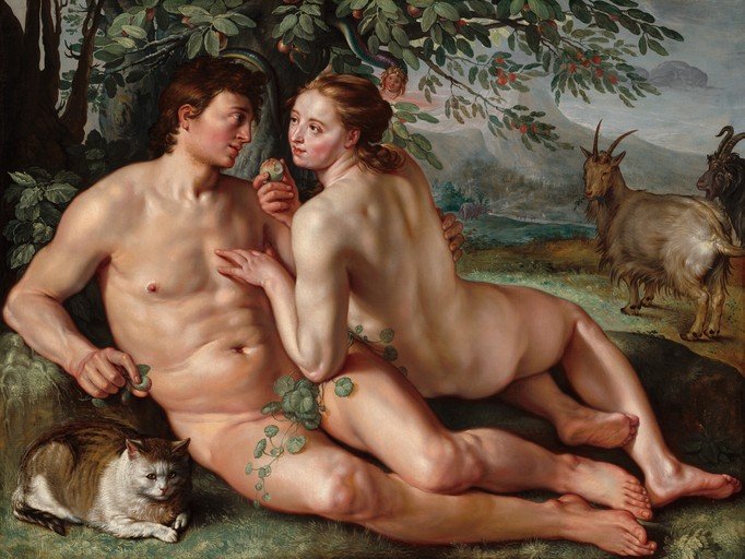 Adam and Eve with a Cat and Goats