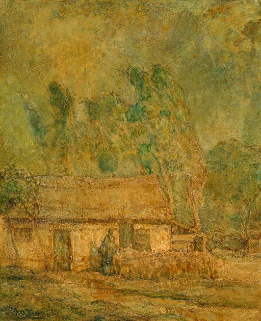Impressionist Painting of a Rustic House and Figure