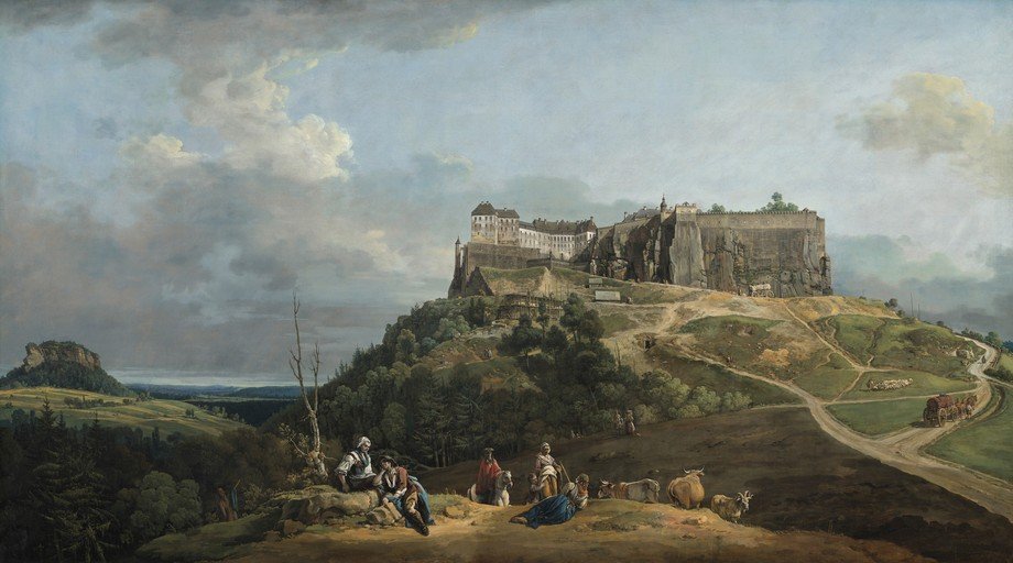 Panoramic view of a castle on a hill with figures and livestock