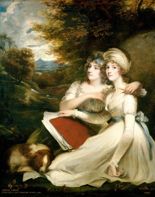 Two Young Women and a Dog in a Landscape