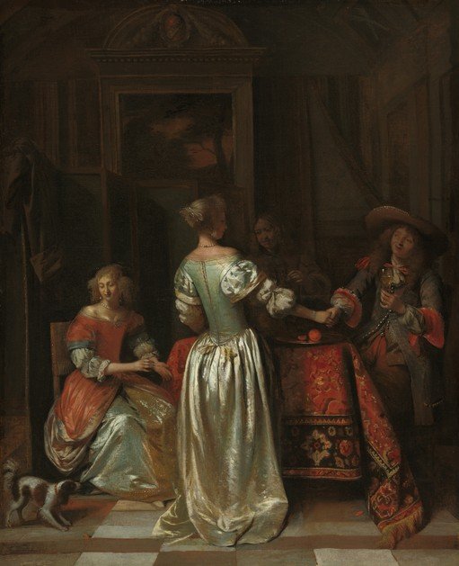 Elegant Interior Scene with Figures and Dog