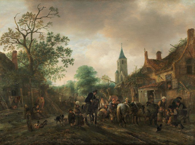 17th Century Dutch Village Scene with People and Animals