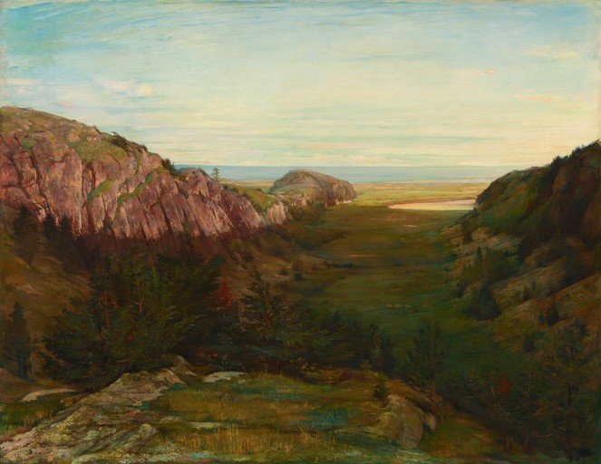 Vast Valley Landscape with Rocky Outcrops and Distant Sea