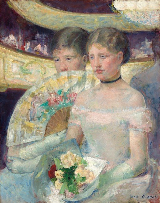 Two Women in a Theater Box with Fan and Flowers
