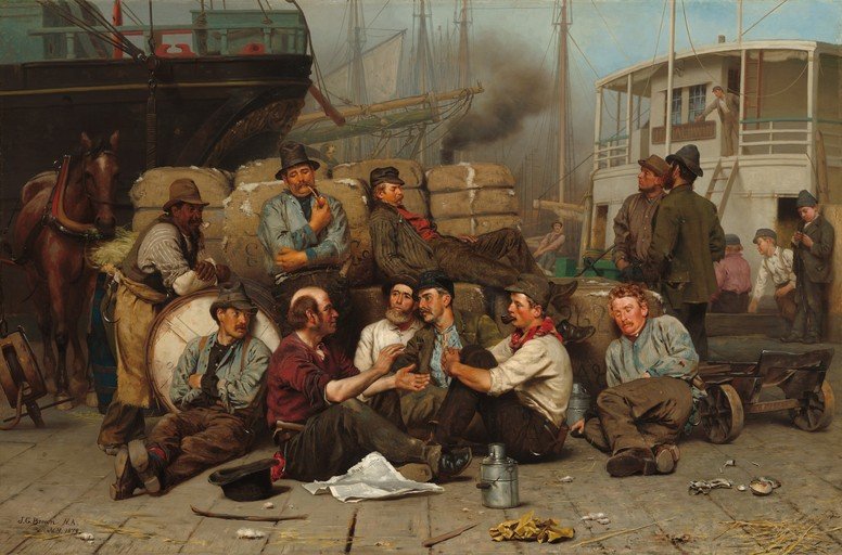 Dockworkers Resting in a Busy Harbor