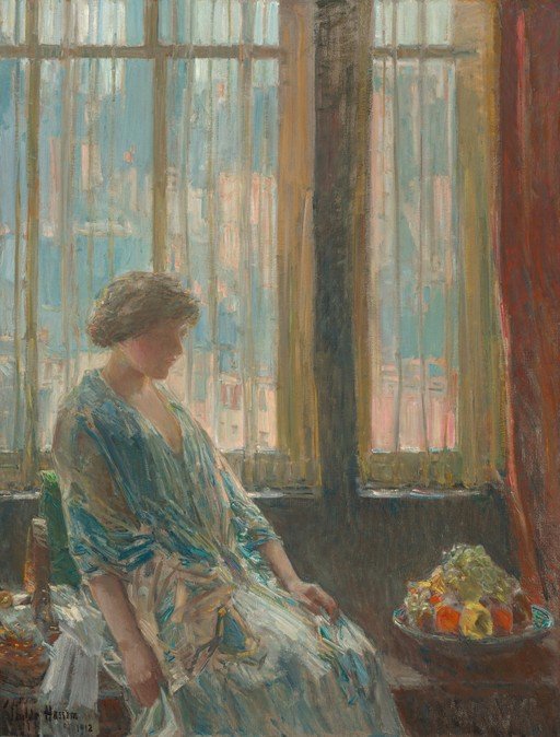 Woman in Blue Dress by a Window with Fruit