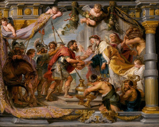 Biblical Scene of Gift Exchange and Royal Welcome