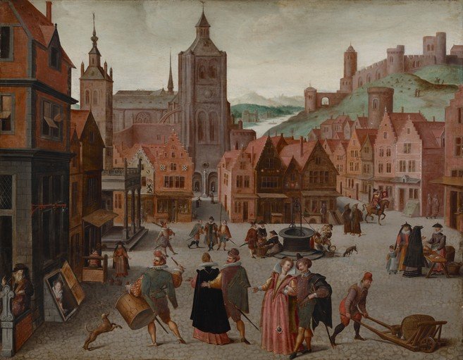 16th Century European Town Square with Figures and Architecture