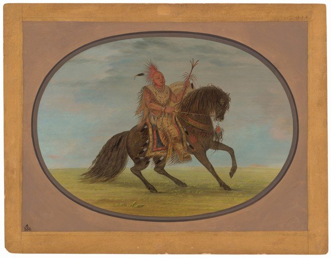 Native American Man on Horseback in Traditional Attire