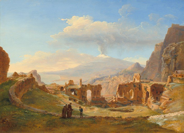 Volcanic Landscape with Ancient Ruins and Figures