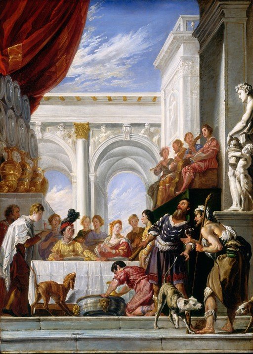 Biblical Feast Scene with Figures and Dogs