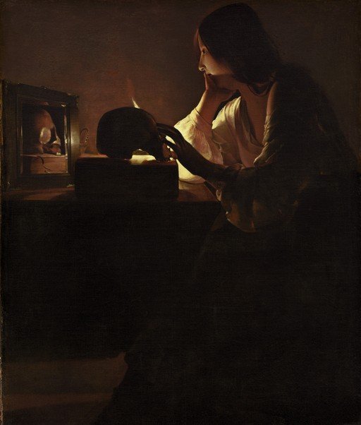 Woman Contemplating a Skull by Candlelight