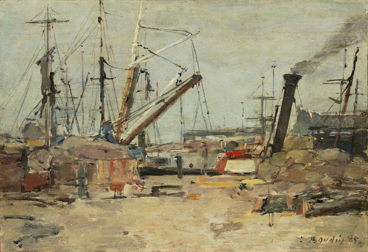 Impressionist Harbor Scene with Ships and Cranes