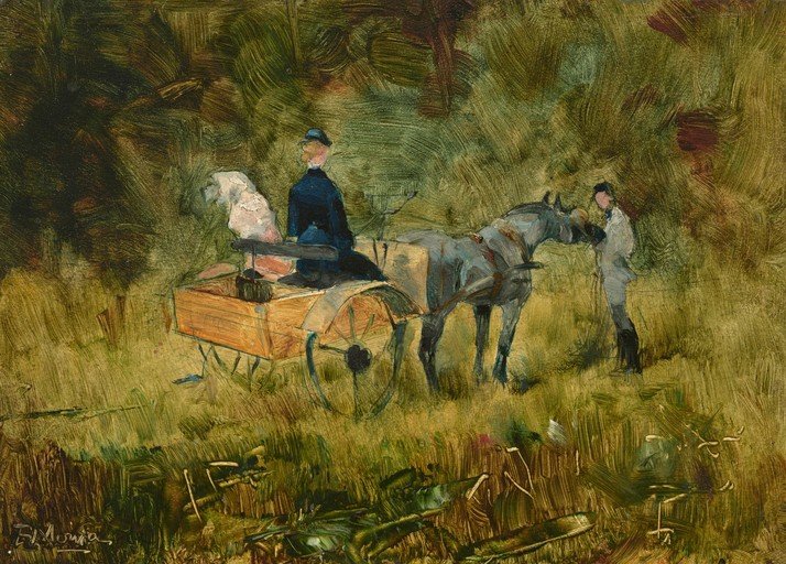 Impressionist Painting of a Horse-Drawn Cart in a Field