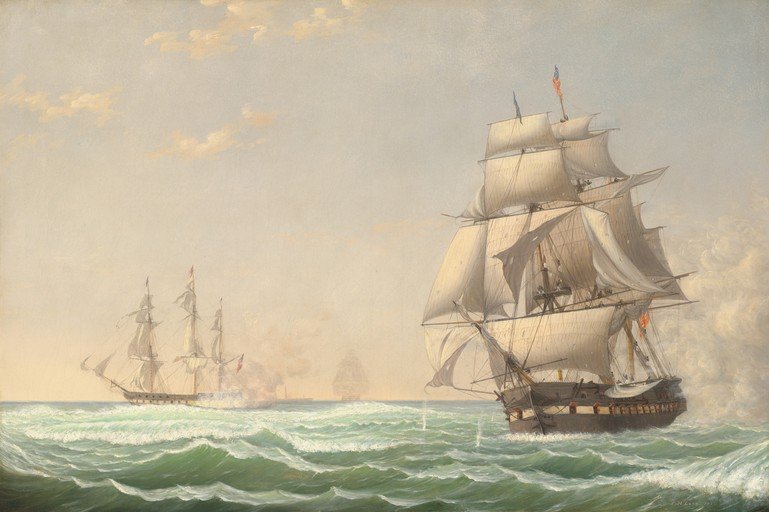 Naval Battle Painting of Sailing Ships on a Wavy Sea