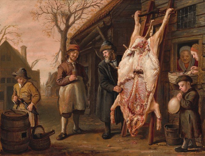 Butchering Scene with Children and Adults