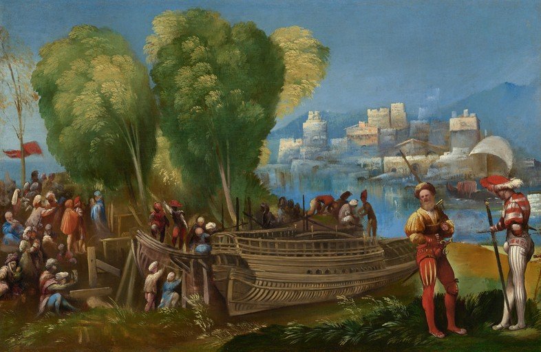 Renaissance Shipyard Scene with Figures and Castle
